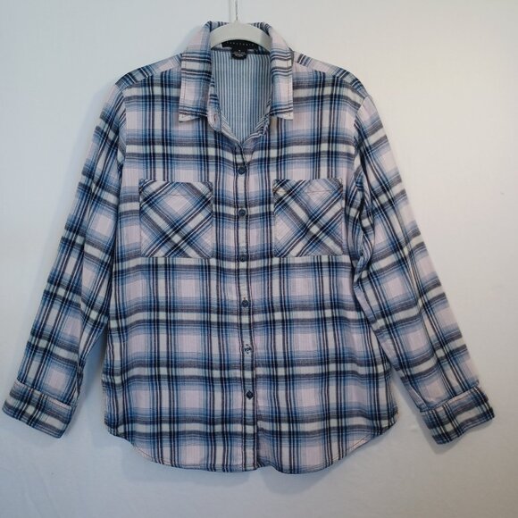 Sanctuary Plaid Shirt Blue Pink Double Cotton Long Sleeve Boyfriend Womens M - Picture 2 of 12